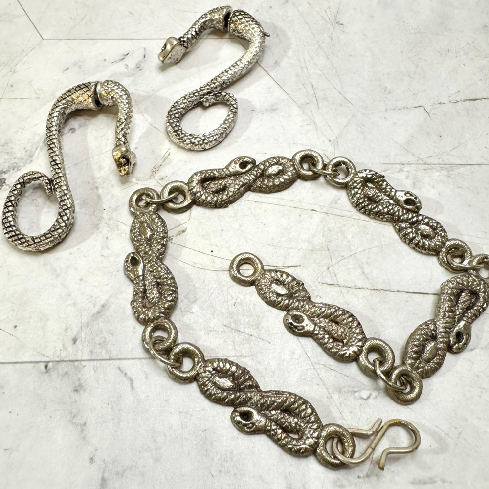 Snake Earrings & Bracelet Silver Tone Long Dangle Serpent Halloween Punk